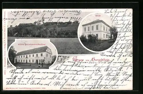 AK Hrgelsberg, Büssers Gemischtwaren-Handlung, Schule, Ortspartie