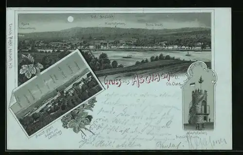 Mondschein-Lithographie Aschach a. D., Ost-Ansicht mit Ruine Schaumburg, Mayrhoferberg und Ruine Stauff