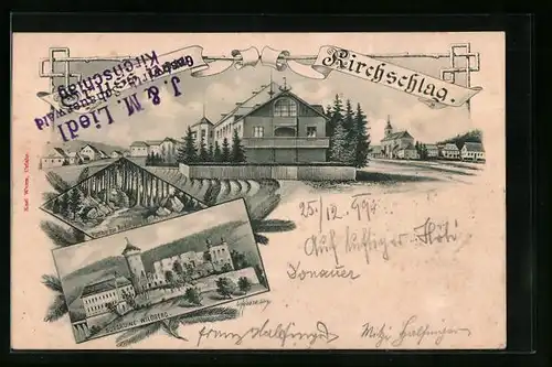 AK Kirchschlag, Strassenpartie mit Kirche, Partie zur Rudolfsquelle, Burgruine Wildberg