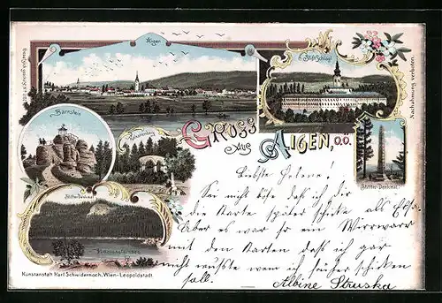 Lithographie Aigen, Stift Schlägl, Bärnstein, Kalvarienberg, Stifter-Denkmal