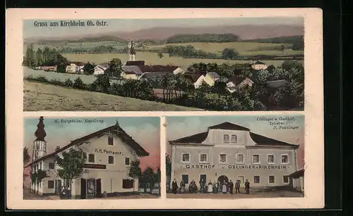 AK Kirchheim, Oblinger`s Gasthof, Handlung von M. Burgstaller, K. K. Postamt, Totalansicht