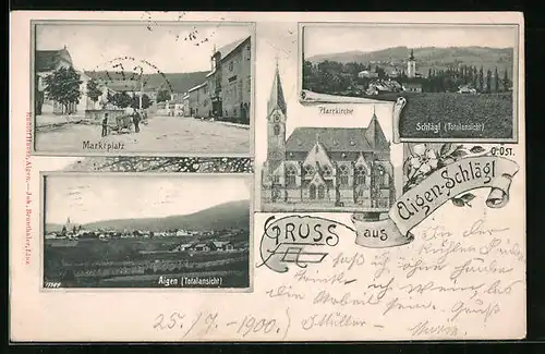 AK Aigen-Schlägl, Marktplatz, Pfarrkirche, Totalansicht