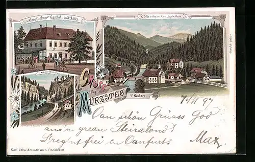 Lithographie Mürzsteg b. Neuberg, Alois Grabner`s Gasthof z. gold. Adler, Lanau-Wand