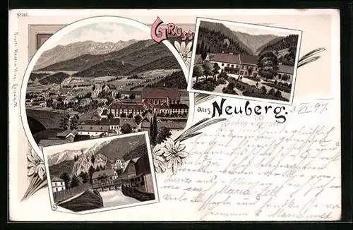 Lithographie Neuberg, Flusspartie mit Felsen, Ortspartie, Totalansicht