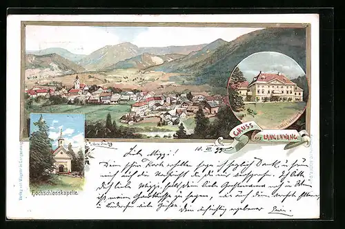 Lithographie Langenwang, Hochschlosskapelle, Schloss Hohenwang, Totalansicht