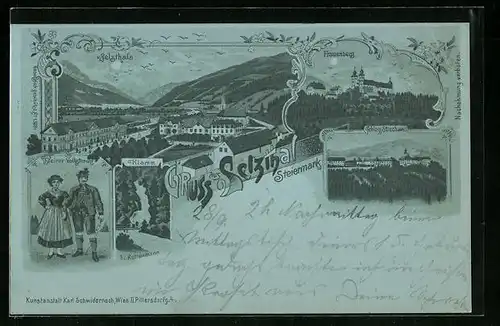 Mondschein-Lithographie Selzthal, Klamm, Frauenberg, Schloss Strechau