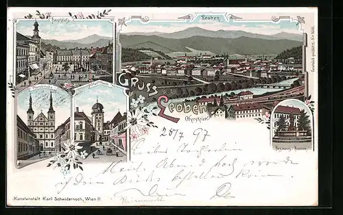 Lithographie Leoben, Hauptplatz, Pfarrkirche, Stadtturm, Bergmanns-Brunnen