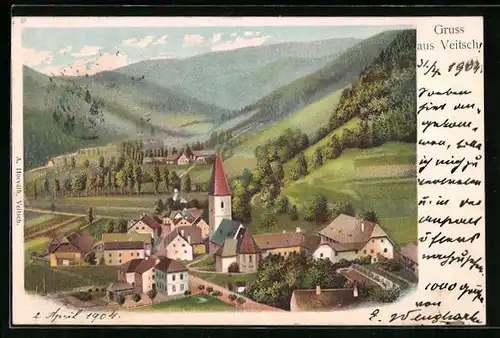 Lithographie Veitsch, Ortspartie aus der Vogelschau