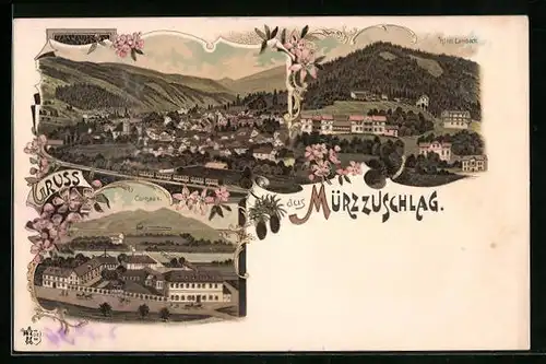 Lithographie Mürzzuschlag, Hotel Lambach, Kurhaus, Gesamtansicht aus der Vogelschau