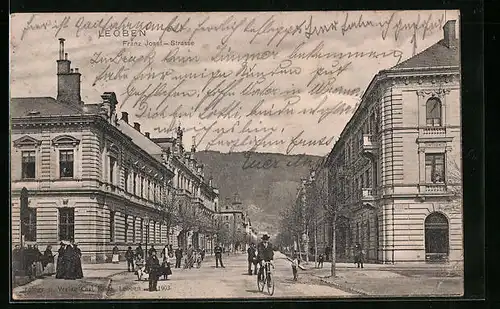 AK Leoben, Franz Josef-Strasse mit Radfahrer