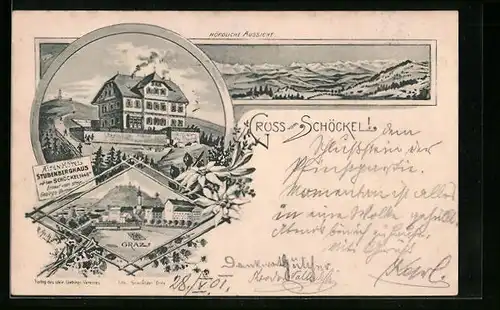Lithographie Graz, Alpen-Hôtel Stubenberghaus auf dem Schöckel, Nördliche Aussicht, Teilansicht