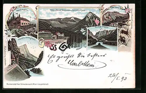 Lithographie Gstatterboden, Hôtel u. Bahnhof Gstatterboden mit Tamischbachturm, Gesäuse-Eingang, Hess-Hütte