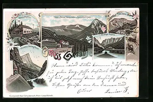 Lithographie Gsatterboden, Hôtel u. Bahnhof Gstatterboden mit Tamischbachturm, Gesäuse-Eingang, Ennsthaler Hütte