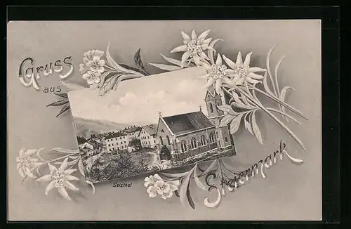 AK Selzthal, Ortspartie mit Kirche mit Alpenblumen