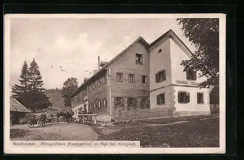 AK Alpl bei Krieglach, Almgasthaus Roseggerhof mit Pferdewagen, Waldheimat