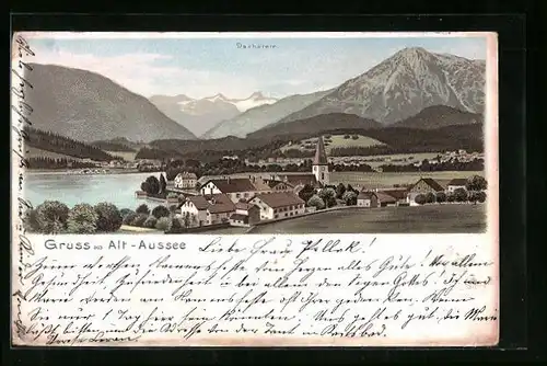 Lithographie Aussee, Teilansicht mit Kirche und Dachstein