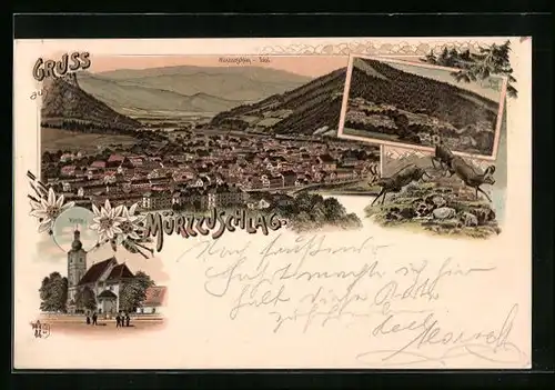 Lithographie Mürzzuschlag, Hotel Lambach, Totalansicht, Kirche