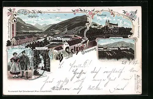 Lithographie Selzthal, Frauenberg, Schloss Strechau, Klamm