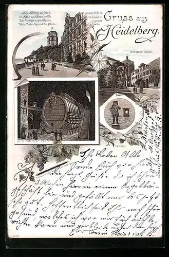 Vorläufer-Lithographie Heidelberg, 1895, Grosses Fass und Zwerg Perkeo, Ruprechtsbau, Schlossaltan