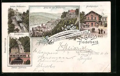 Vorläufer-Lithographie Heidelberg, 1895, Gasthaus Molkenkur, Bergbahn
