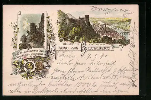 Vorläufer-Lithographie Heidelberg, 1894, Stadt von der Terrasse, Schlossaltan bei Nacht