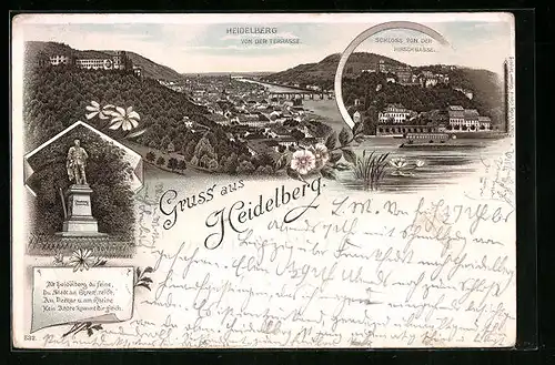Vorläufer-Lithographie Heidelberg, 1894, Schloss von der Hirschgasse, Stadt von der Terrasse