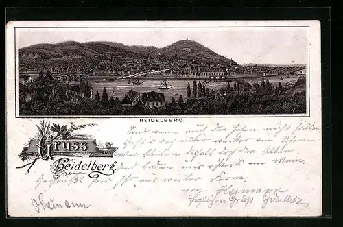 Vorläufer-Lithographie Heidelberg, 1892, Stadt-Panorama von der gegenüberliegenden Neckarseite