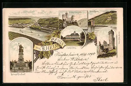 Vorläufer-Lithographie Bingen, 1895, Ortsansicht, Mäusethurm, Ruine Ehrenfels, National-Denkmal