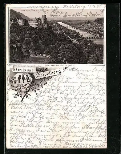Vorläufer-Lithographie Heidelberg, 1891, Stadt und Schloss von der Terrasse