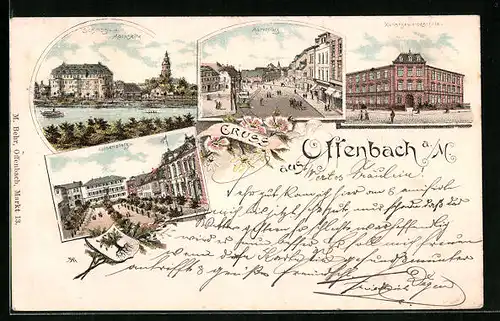 Lithographie Offenbach a. M., Schloss, Marktplatz, Kunstgewerbeschule, Alicenplatz