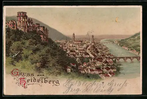 Lithographie Heidelberg, Ortspartie aus der Vogelschau, Halt gegen das Licht