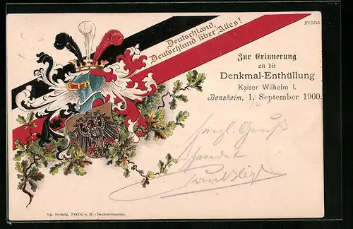 Lithographie Bensheim, Erinnerung an die Enthüllung des Kaiser Wilhelm I.-Denkmals in 1900, Wappen