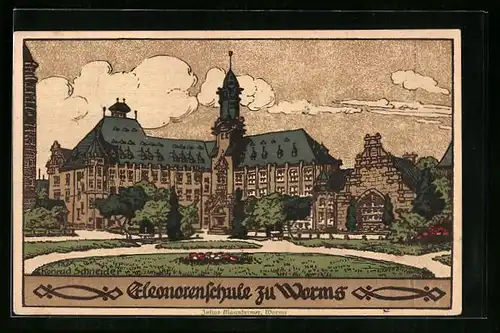 Steindruck-AK Worms, Festpostkarte zum 50jähr. Bestehens der höheren Mädchenschule 1924, Eleonorenschule