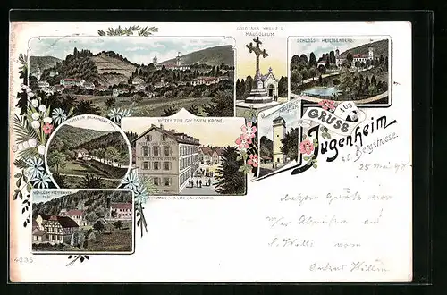 Lithographie Jugenheim a. d. Bergstrasse, Hôtel Zur goldnen Krone, Mühle im Balkhäuser Tal, Mühle im Stettbacher Tal