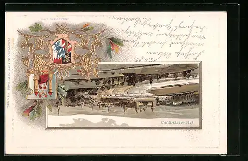 Passepartout-Lithographie Aschaffenburg, Teilansicht mit Brücke, Wappen