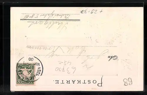 Passepartout-Lithographie Aschaffenburg, Teilansicht mit Brücke, Wappen