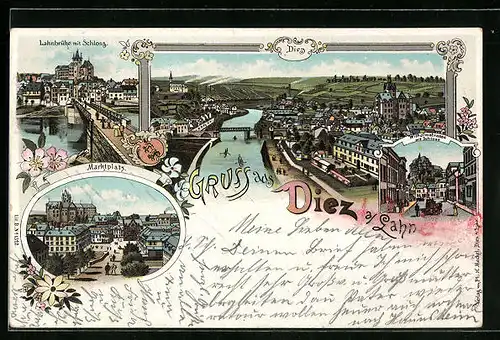 Lithographie Diez a /Lahn, Lahnbrücke mit Schloss, Marktplatz, Wilhelmstrasse mit Schloss