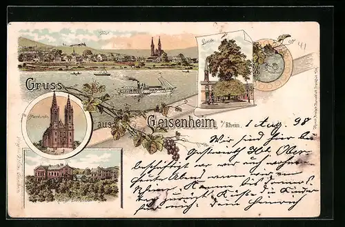 Lithographie Geisenheim a. Rhein, Pfarrkirche, Königliche Lehranstalt, Linde