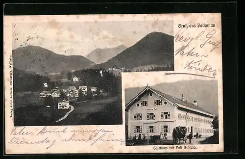 AK Jachenau, Gasthaus zur Post, Ortsansicht aus der Ferne