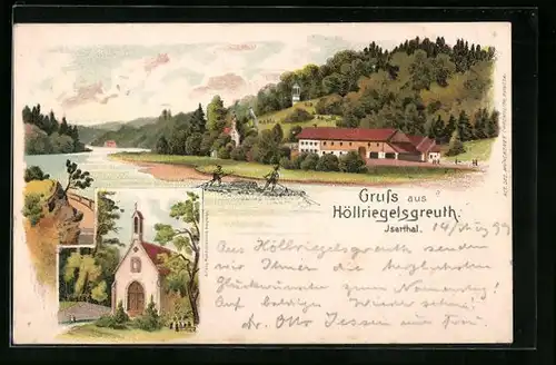 Lithographie Höllriegelskreuth, Isar - Flösserei, Kapelle, Forstwirtschaft