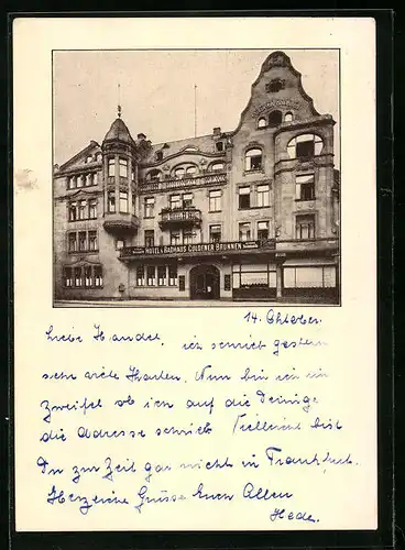 AK Wiesbaden, Hotel und Badhaus Goldener Brunnen in der Goldgasse 10-12