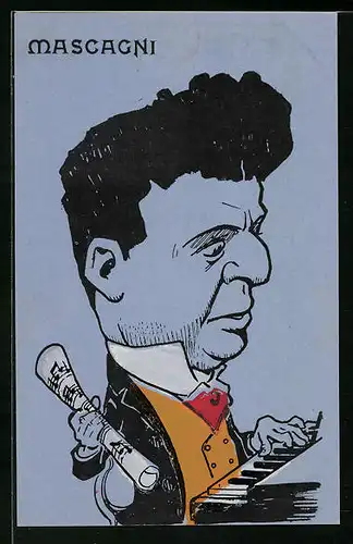 AK Karikatur von Mascagni am Klavier mit Notenblatt