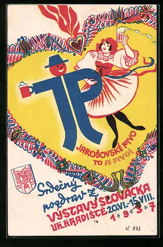 Künstler-AK Uherske Hradiste, Vystava Slovacka 1937, Tanzendes Paar im Herz