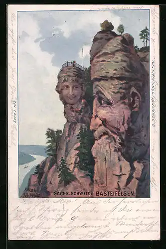 Lithographie Schwenke Ser. 1 Nr. 2: Basteifelsen i. d. sächs. Schweiz, Ortsansicht, Berggesichter