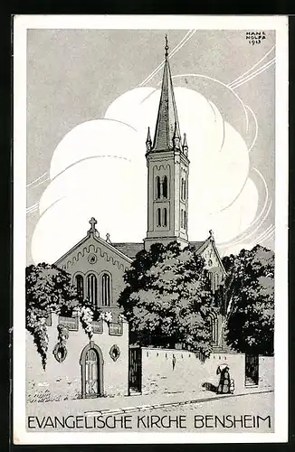 Künstler-AK Bensheim, Blick zur Evangelischen Kirche