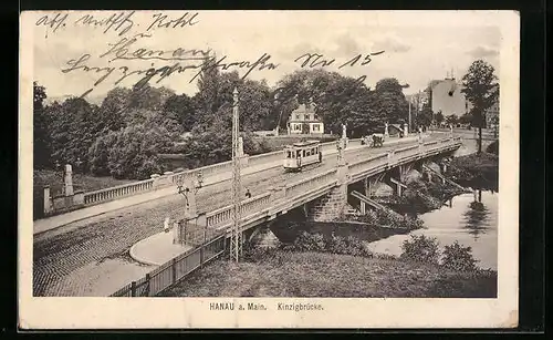 AK Hanau, Blick auf die Kinzigbrücke mit Strassenbahn