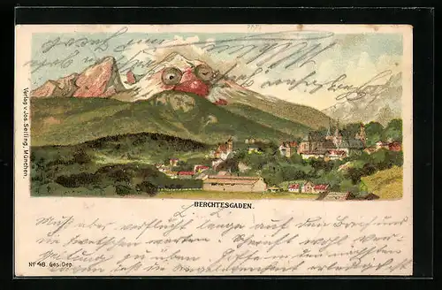 Lithographie Seiling Nr. 48: Berchtesgaden, Teilansicht, Berg mit Gesicht / Berggesichter