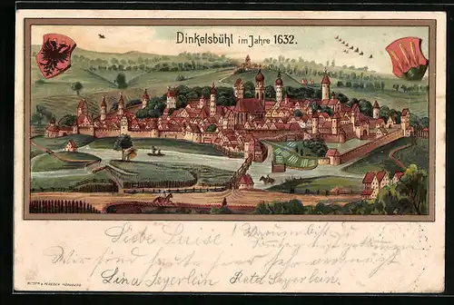 Lithographie Dinkelsbühl, Teilansicht im Jahre 1632, PP 15 F6, Ganzsache Bayern