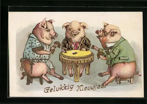 Präge-AK Schweine beim Kartenspiel, vermenschlichte Tiere
