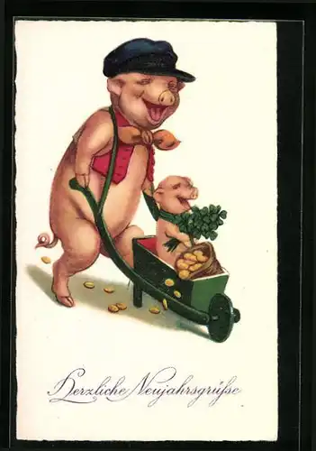 Künstler-AK Neujahrsgrüsse eines goldscheffelnden Glücksschweins mit Schubkarre